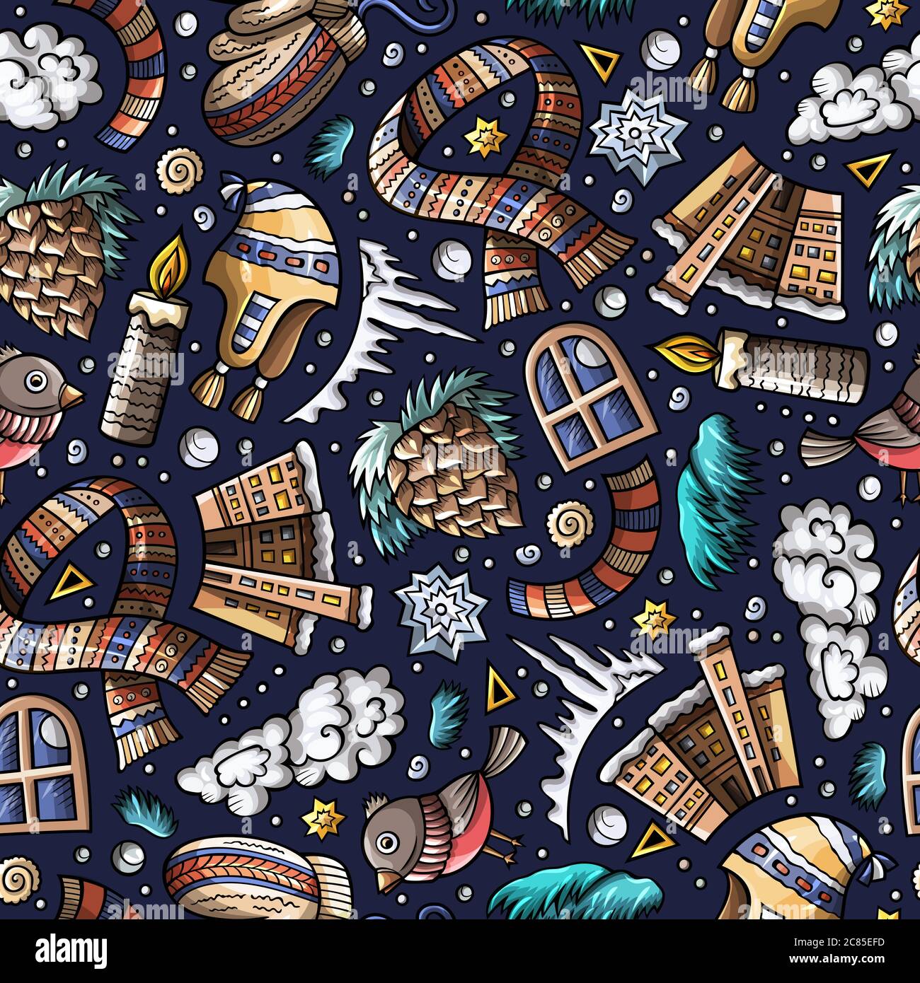 Cartoon cute hand drawn Winter season seamless pattern Stock Vector ...