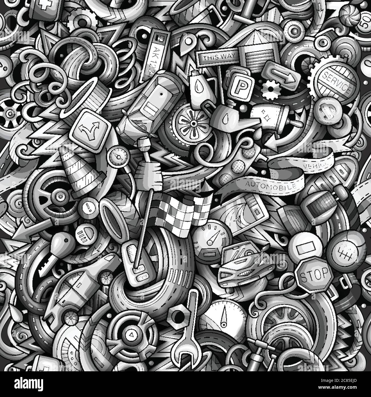 Cartoon cute doodles Automotive seamless pattern Stock Vector