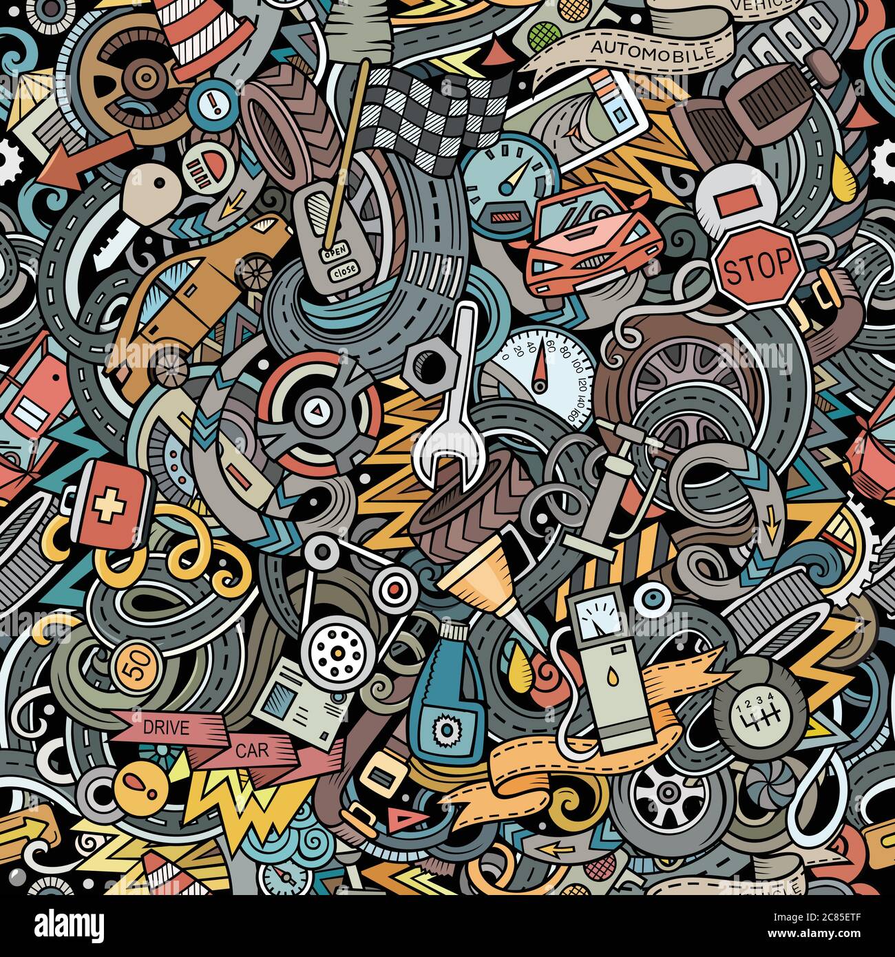 Cartoon cute doodles Automotive seamless pattern Stock Vector