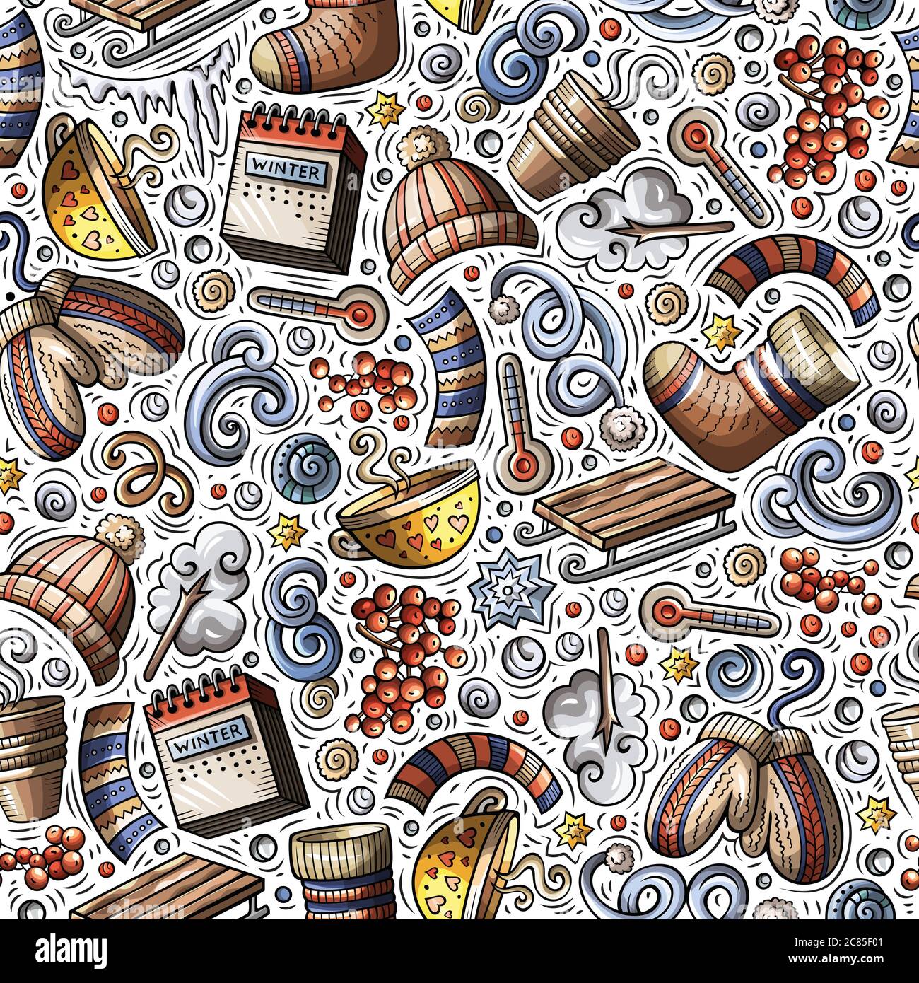Cartoon cute hand drawn Winter season seamless pattern Stock Vector ...