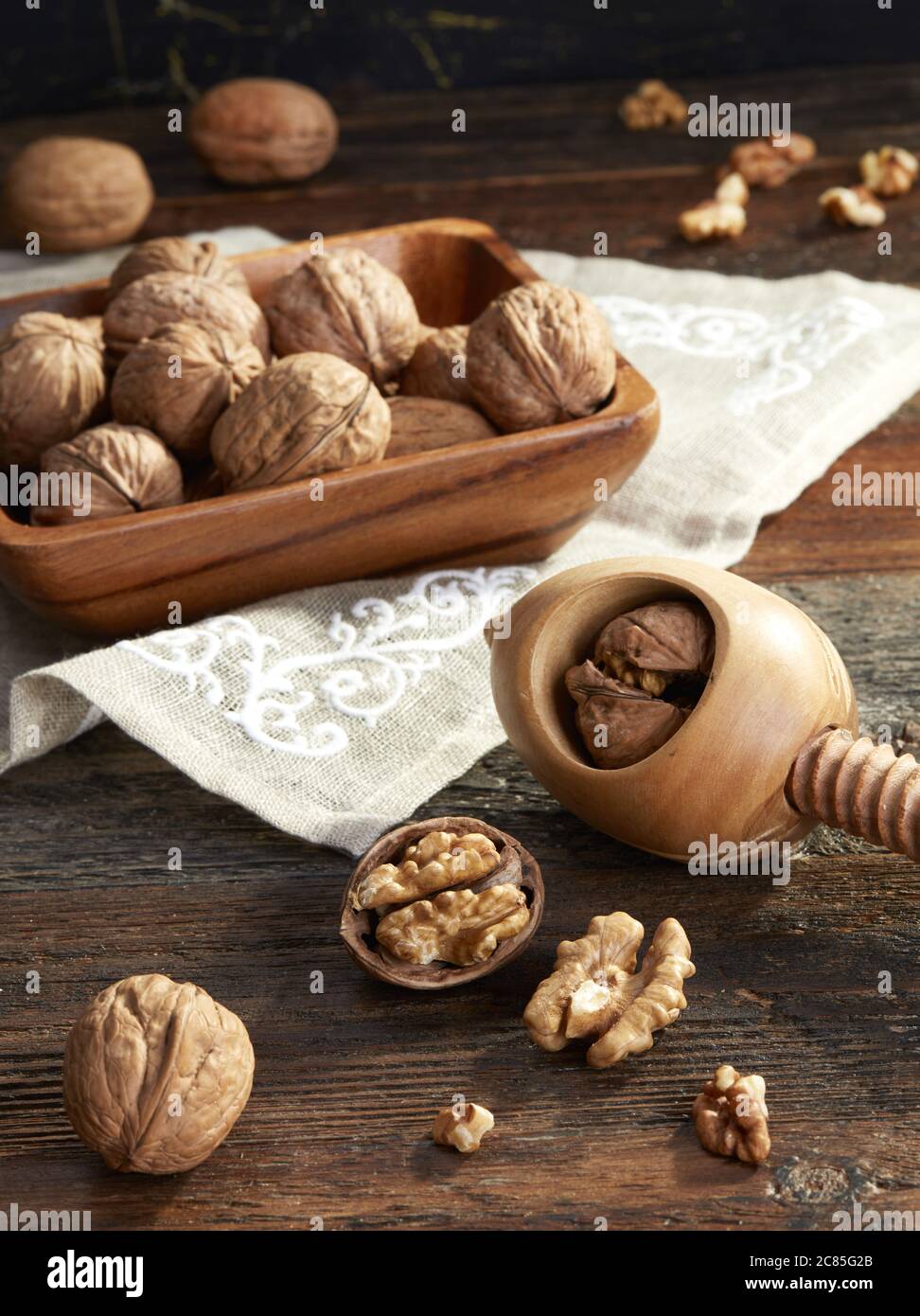 Nutcracker and walnuts Stock Photo