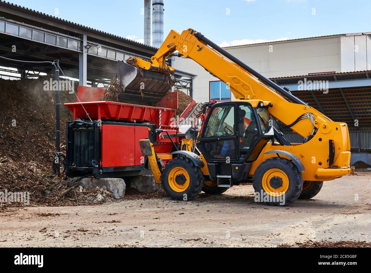 bucket loader loads wood bark into an industrial tree chipper in a woodworking industry Stock Photo