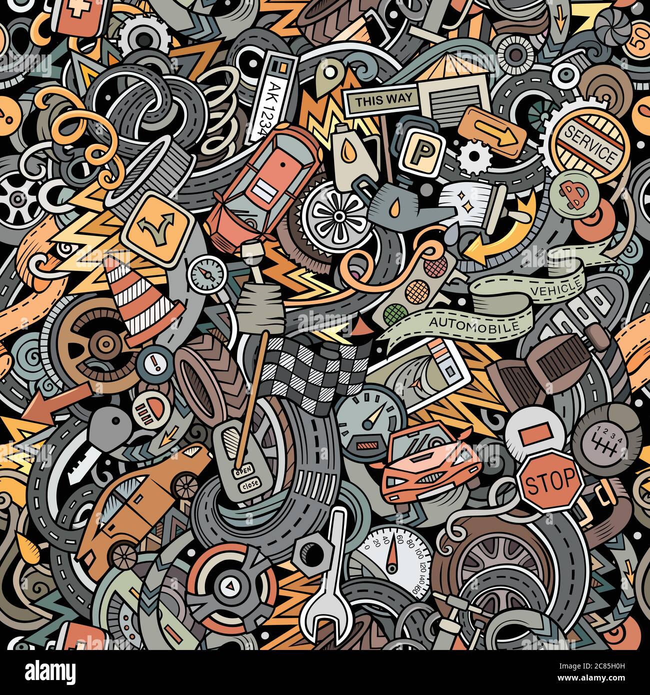 Cartoon cute doodles Automotive seamless pattern Stock Vector