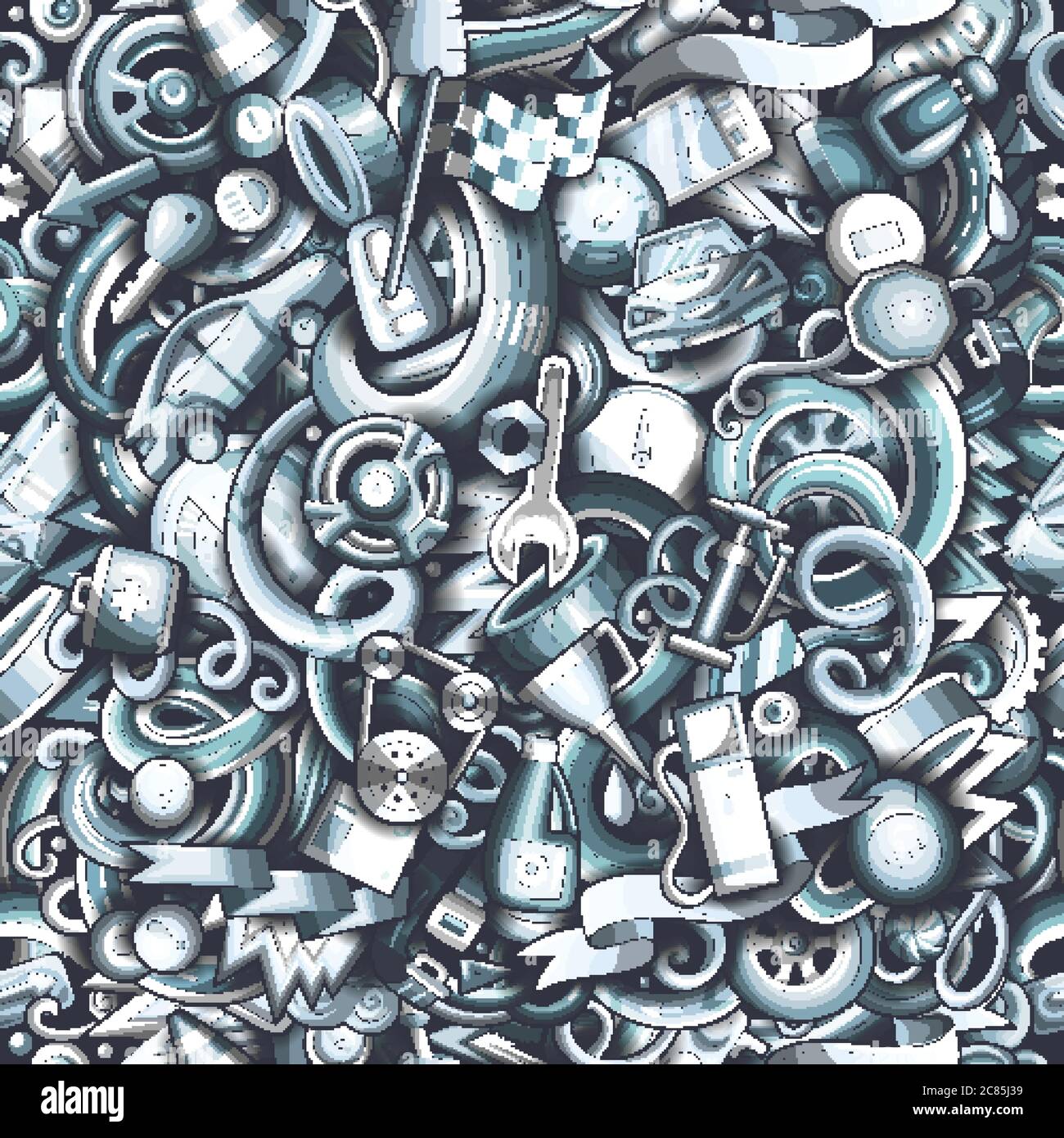 Cartoon cute doodles Automotive seamless pattern Stock Vector