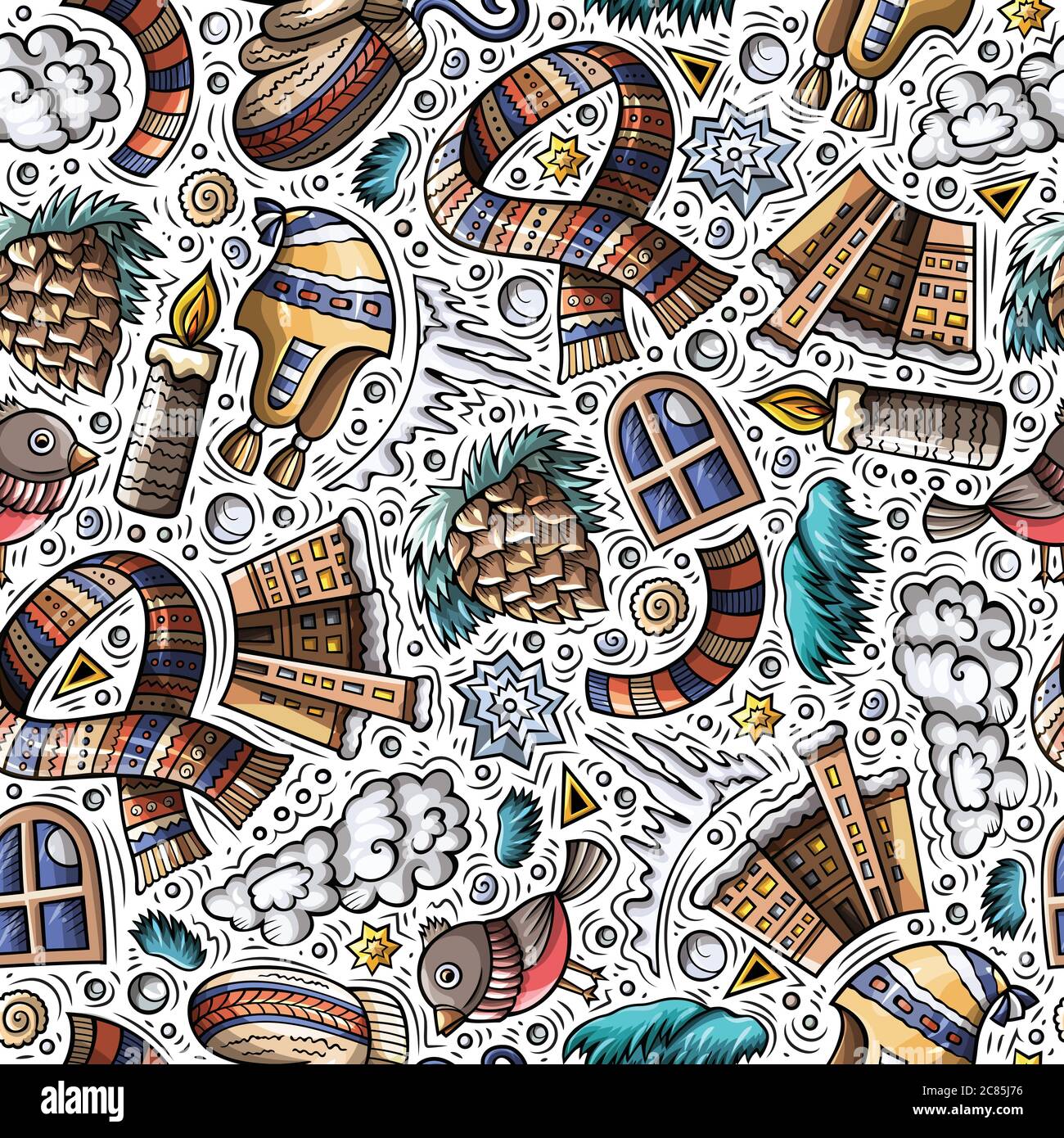 Cartoon cute hand drawn Winter season seamless pattern Stock Vector ...