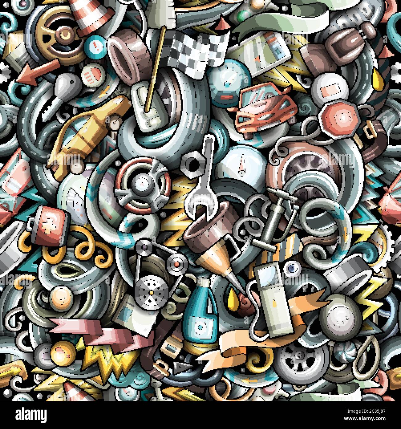 Cartoon cute doodles Automotive seamless pattern Stock Vector