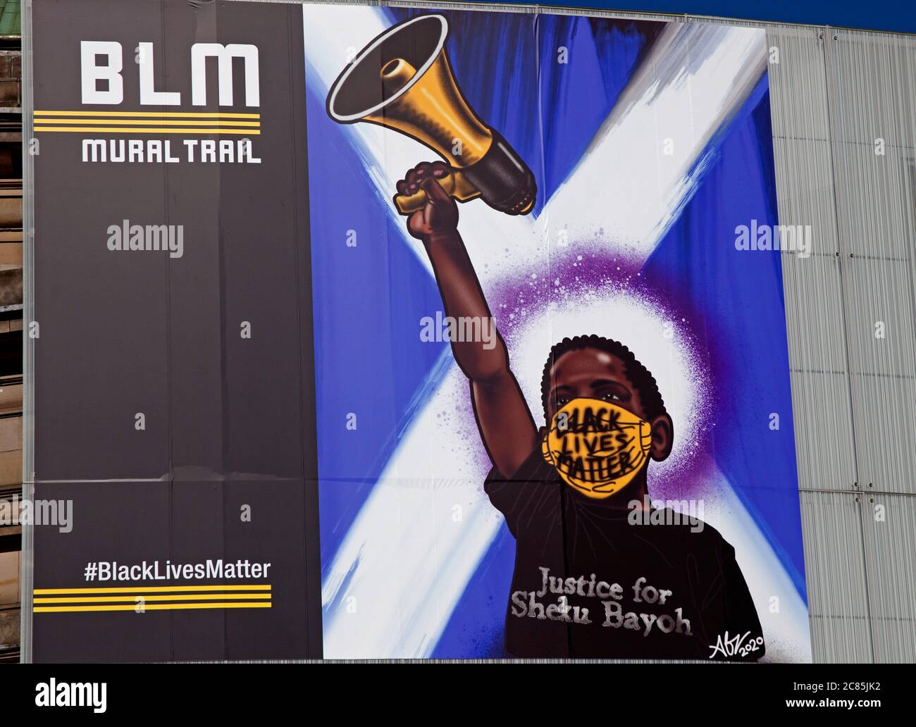 Usher Hall, Edinburgh, Scotland, UK. The Black Lives Matter trail has a new addition in the City Centre, the newest piece of artwork on the trail is a massive 5.5 meter x 6.5 metre print which has appeared on the front of Edinburgh's Usher Hall. A tribute to Fife's Sheku Bayoh who died in 2015 at the hands of Scots police and was created by Kirkcaldy artist Abigail Mill who wanted to express her mixed Scottish and Jamaican heritage. There are also other examples of the artist's work behind glass in the display boards in front of the venue. Credit: Arch White/Alamy Live News. Stock Photo