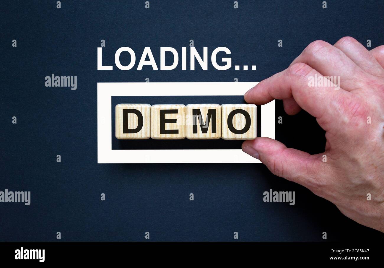 Loading word 'demo' with hand putting wood cube in progress bar