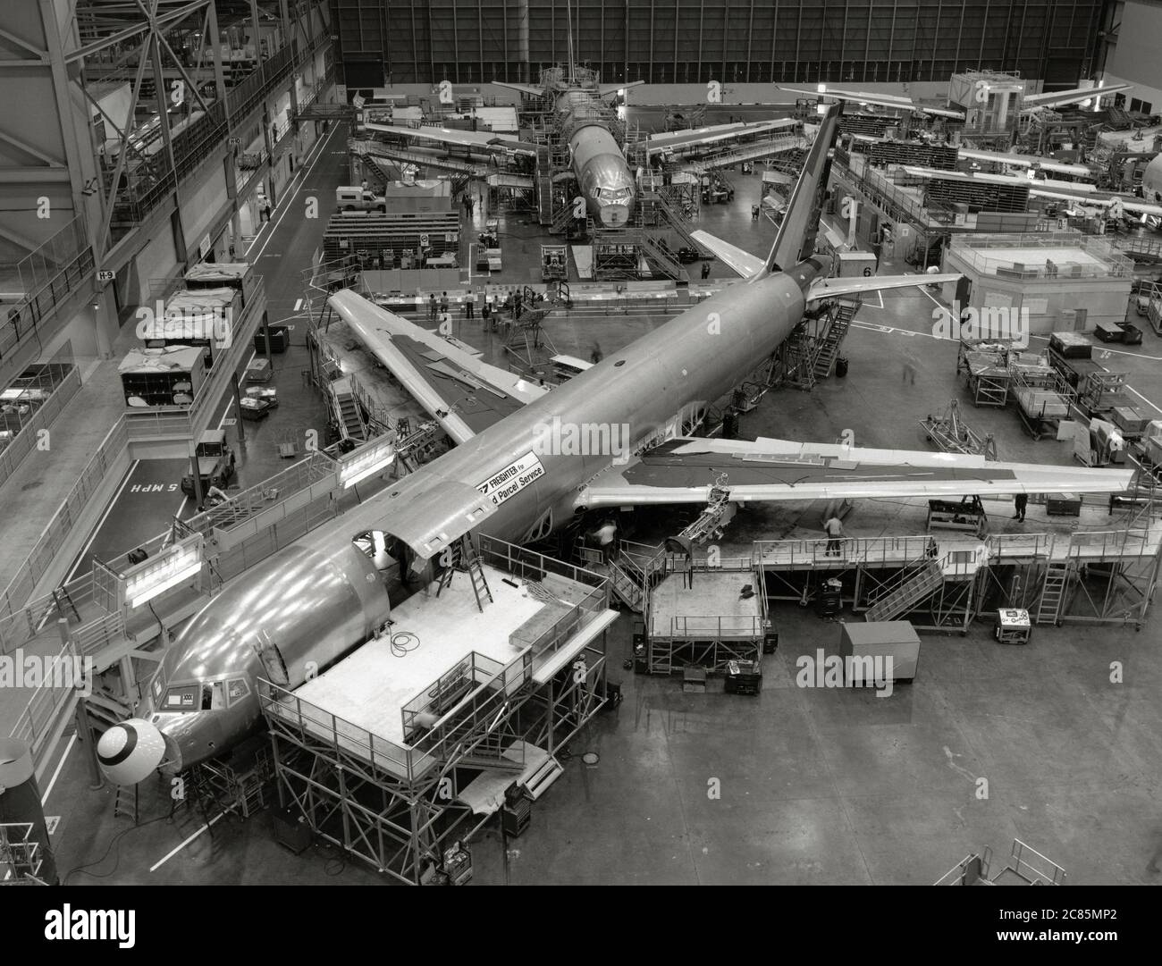 Assembly line of a Boeing 757-300 for United Parcel Service (UPS). United States, 1985 Stock Photo