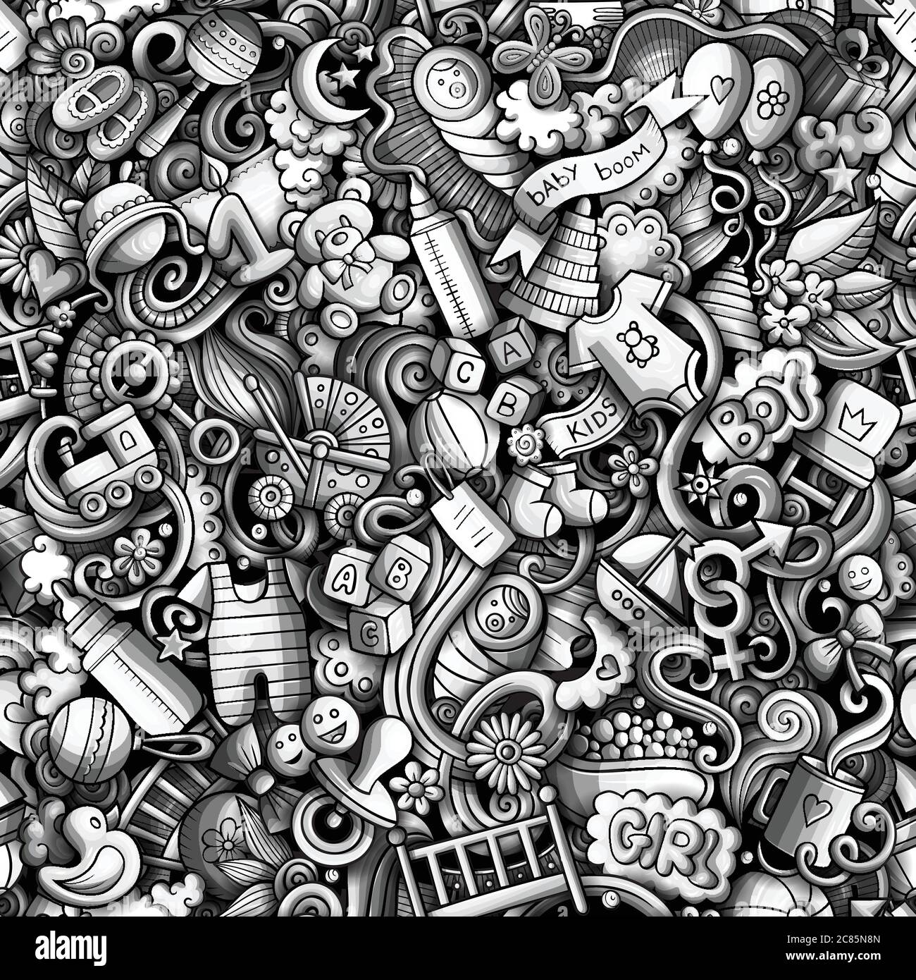 Cartoon cute doodles hand drawn Baby seamless pattern Stock Vector ...