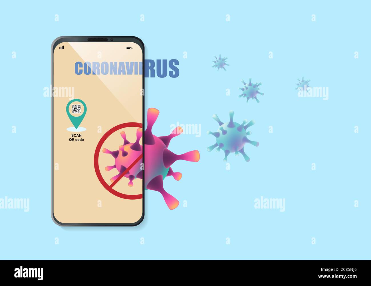 Concepts of application for tracking coronavirus outbreak in smartphone. Check in and out by scan QR code for location of travelling. Stock Vector