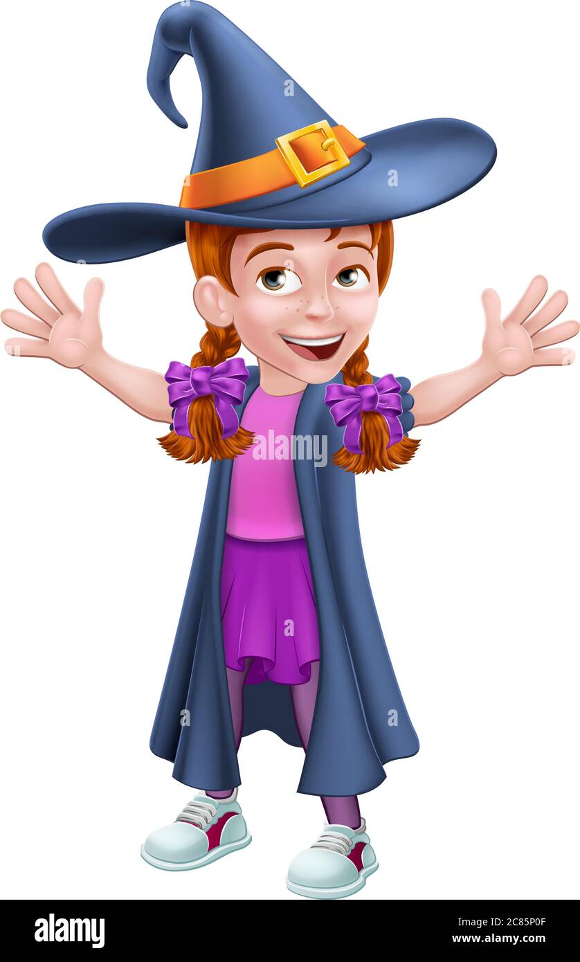 Kid Cartoon Girl Child in Witch Halloween Costume Stock Vector