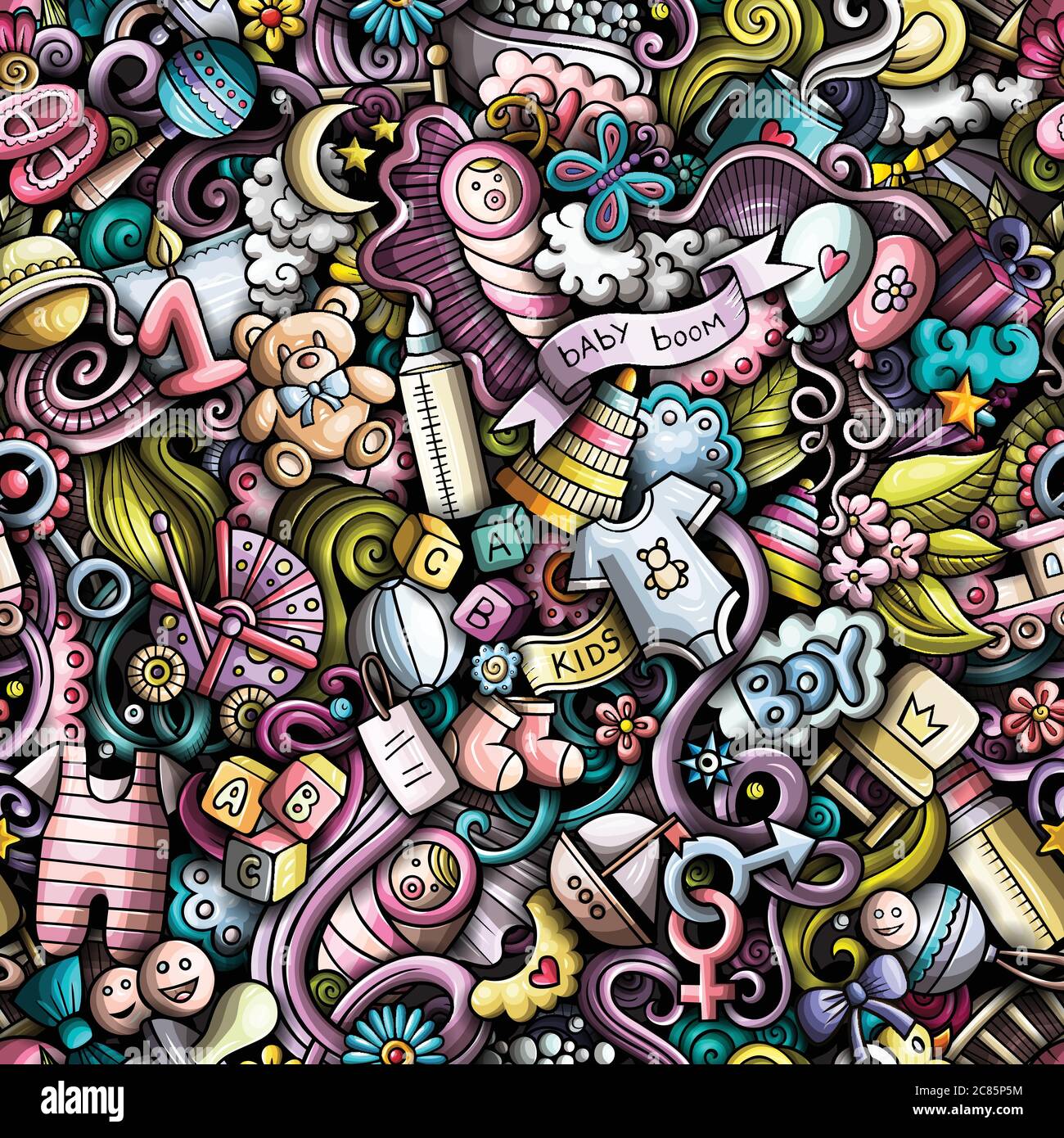 Cartoon cute doodles hand drawn Baby seamless pattern Stock Vector ...