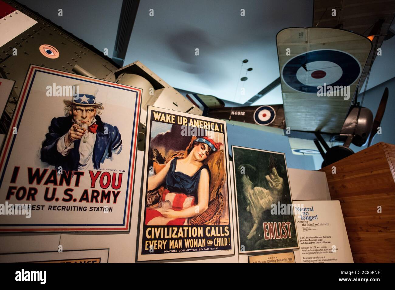 LONDON, United Kingdom — A collection of American wartime posters is on display at the Imperial War Museum London, showcasing powerful examples of World War propaganda. These vivid artworks illustrate the United States' efforts to mobilize public support, boost morale, and encourage participation in the war effort. Stock Photo