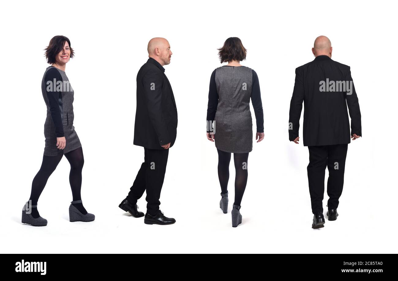 rear view and side view of a elegant couple walking on white background