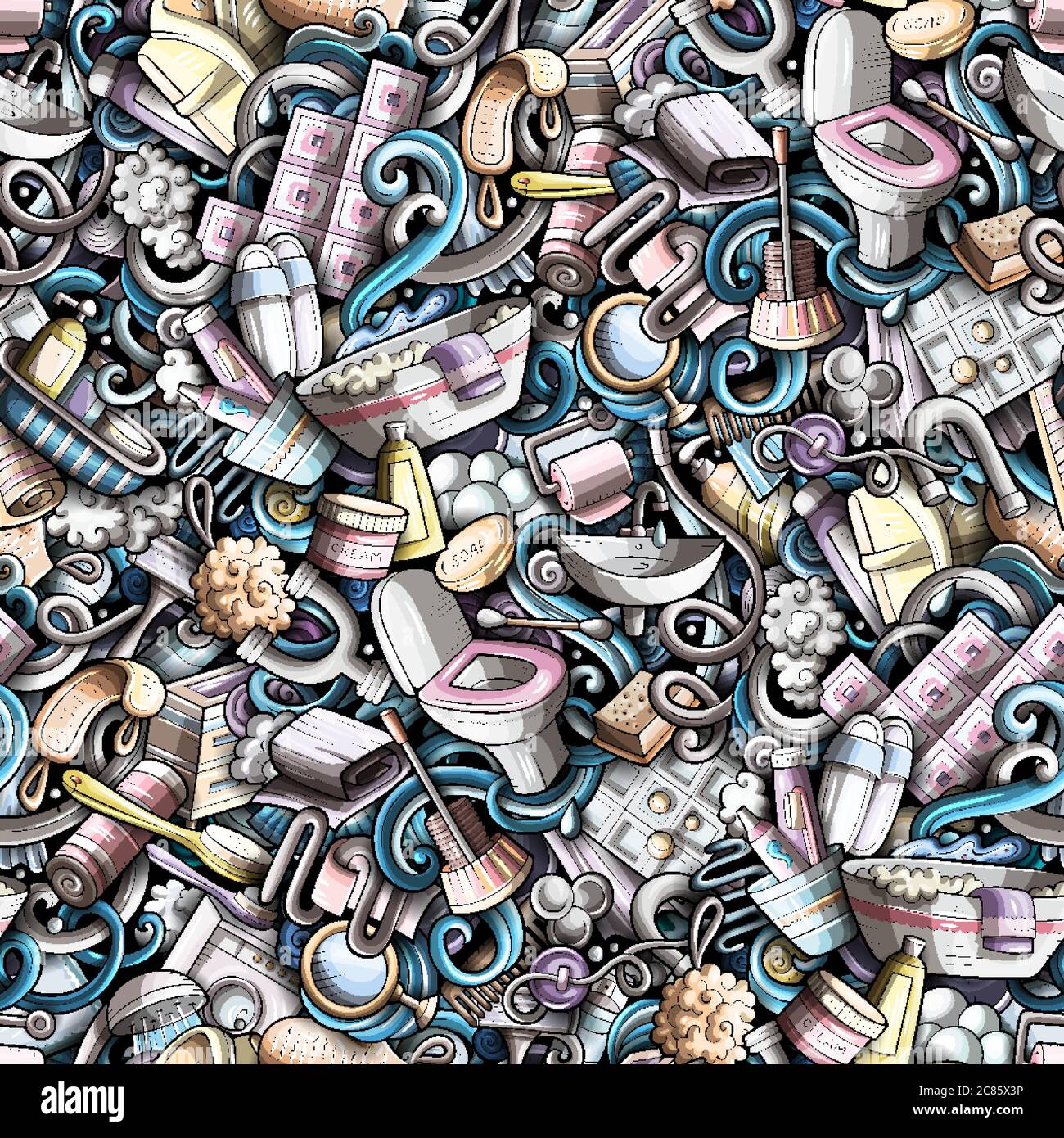 Bathroom hand drawn cartoon doodles seamless pattern. Stock Vector