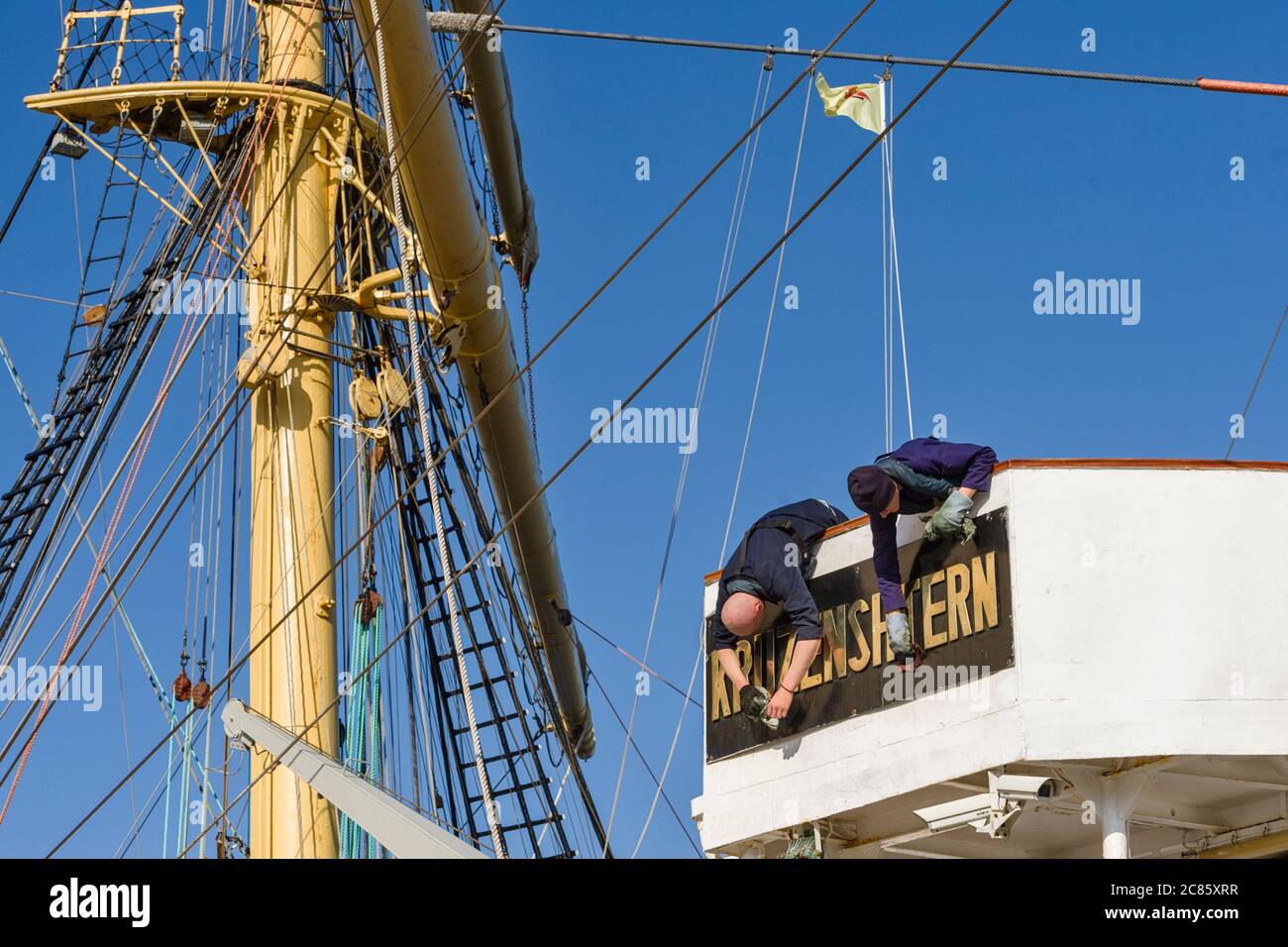 cleaning at the russian sailing ship four-masted barque Kruzenshtern in Dunkirk, France Stock Photo