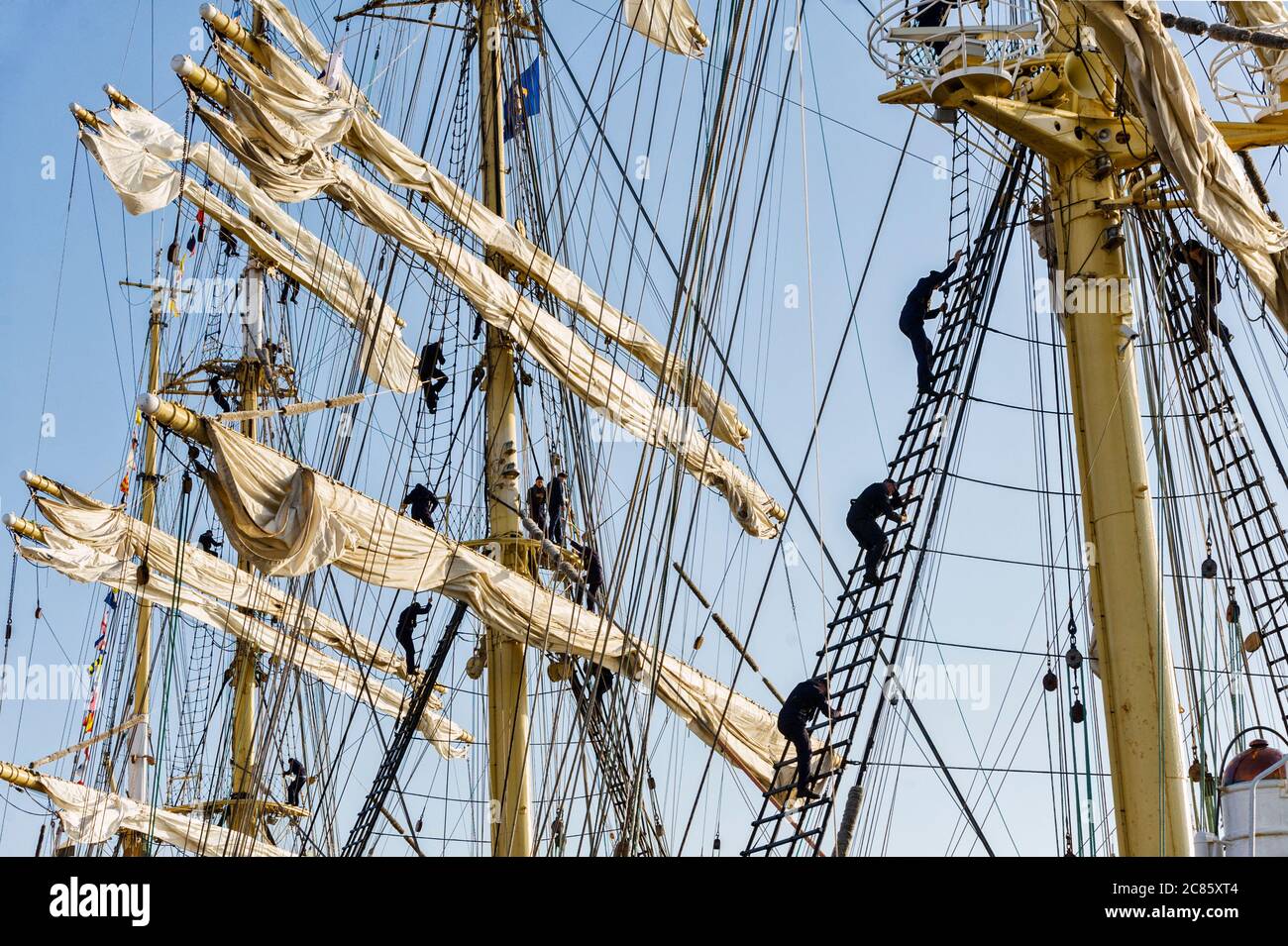 Mats and sails of the four masted Russian sailing ship Kruzenshtern in Dunkirk, France Stock Photo