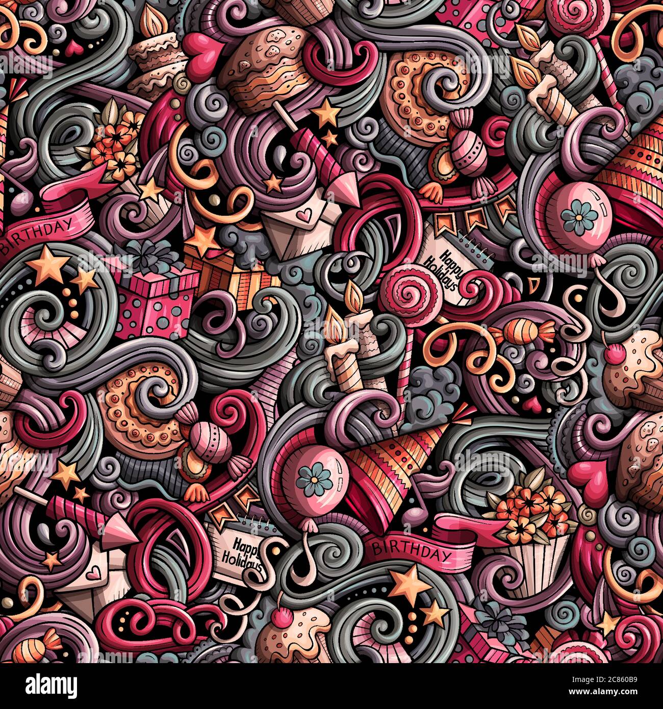 Cartoon cute doodles hand drawn Holidays seamless pattern Stock Vector ...