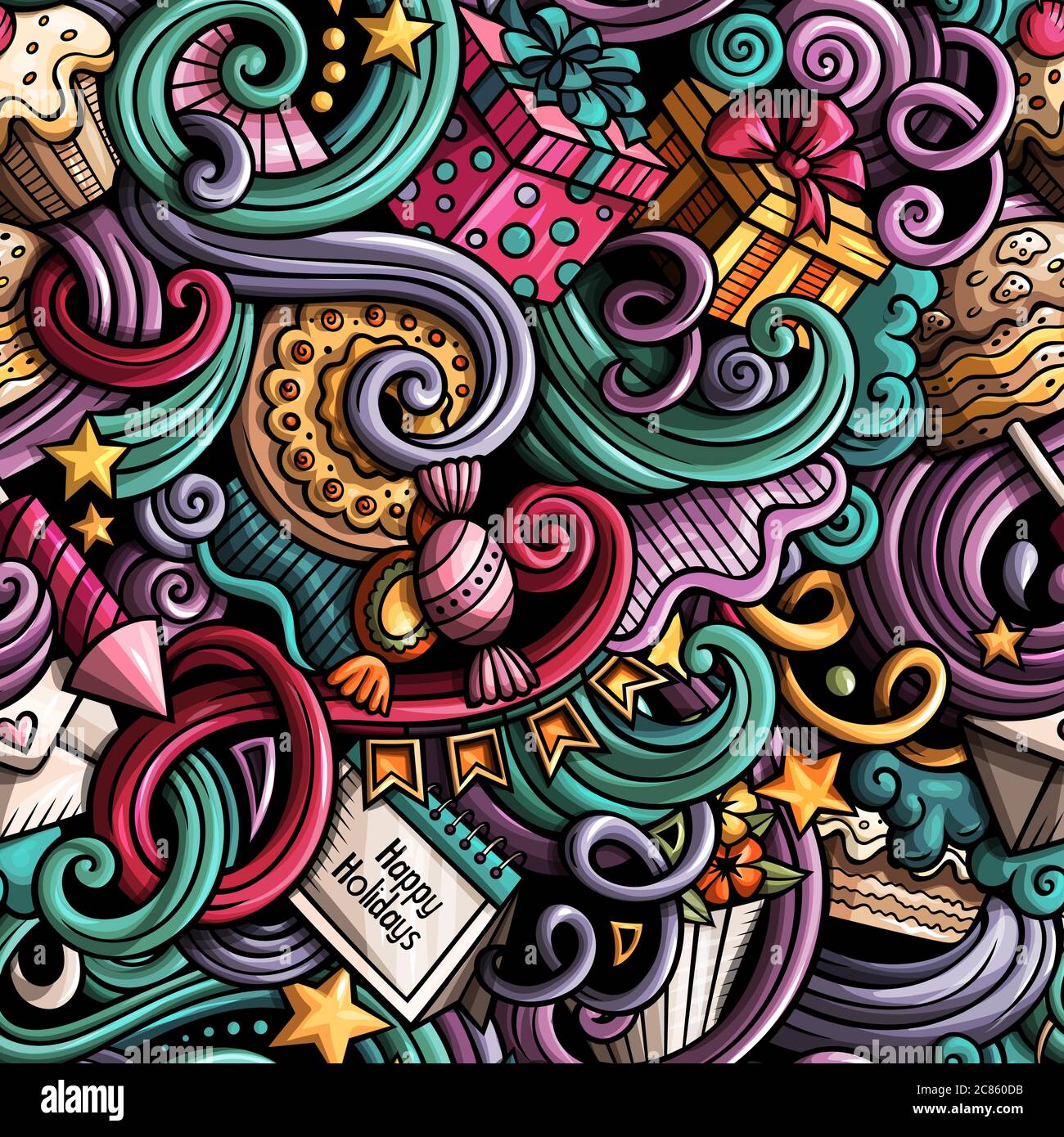 Cartoon cute doodles hand drawn Holidays seamless pattern Stock Vector ...