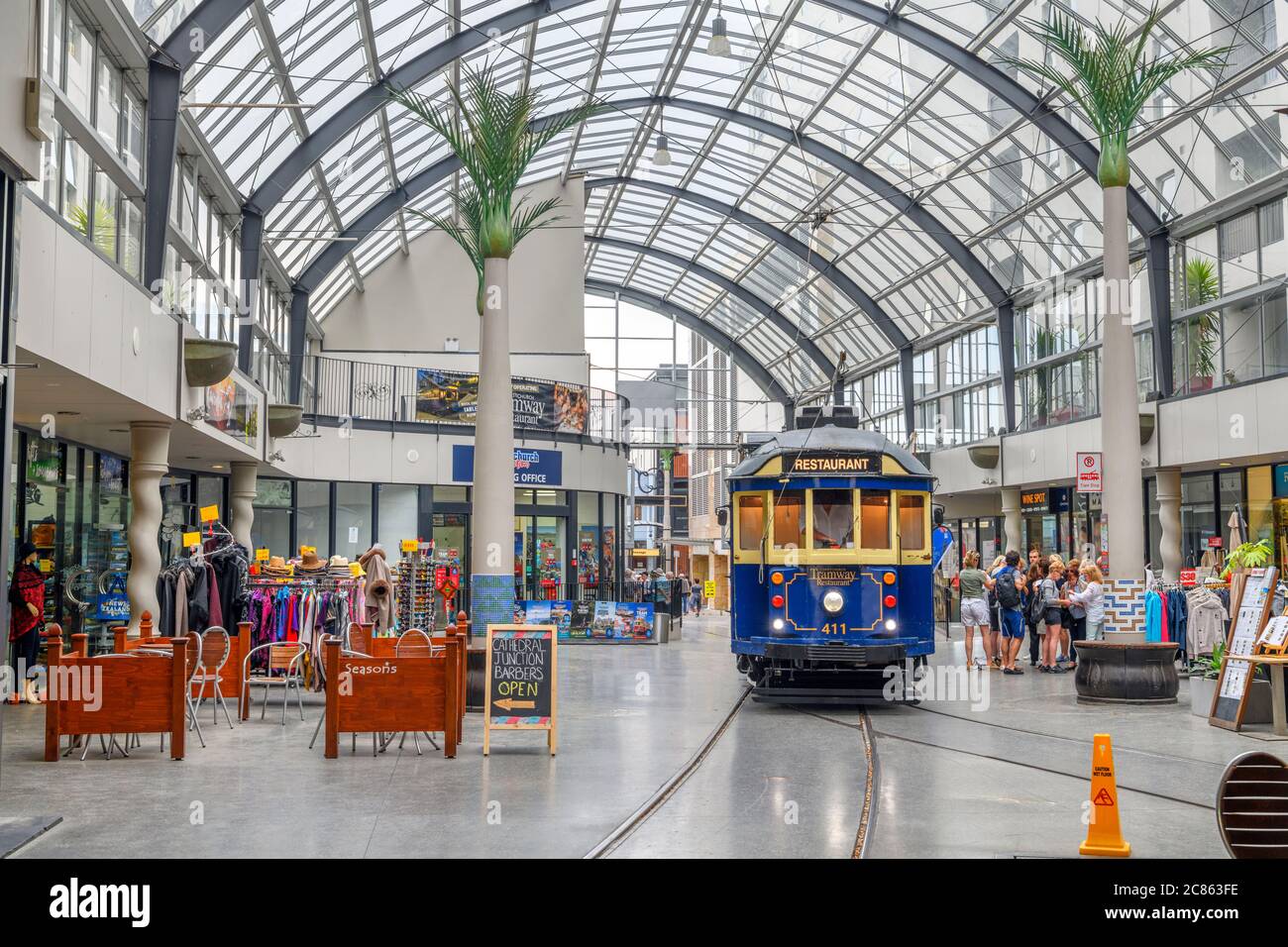 A Christchurch Tramway tram in Cathedral Junction shopping mall, Christchurch, New Zealand Stock Photo
