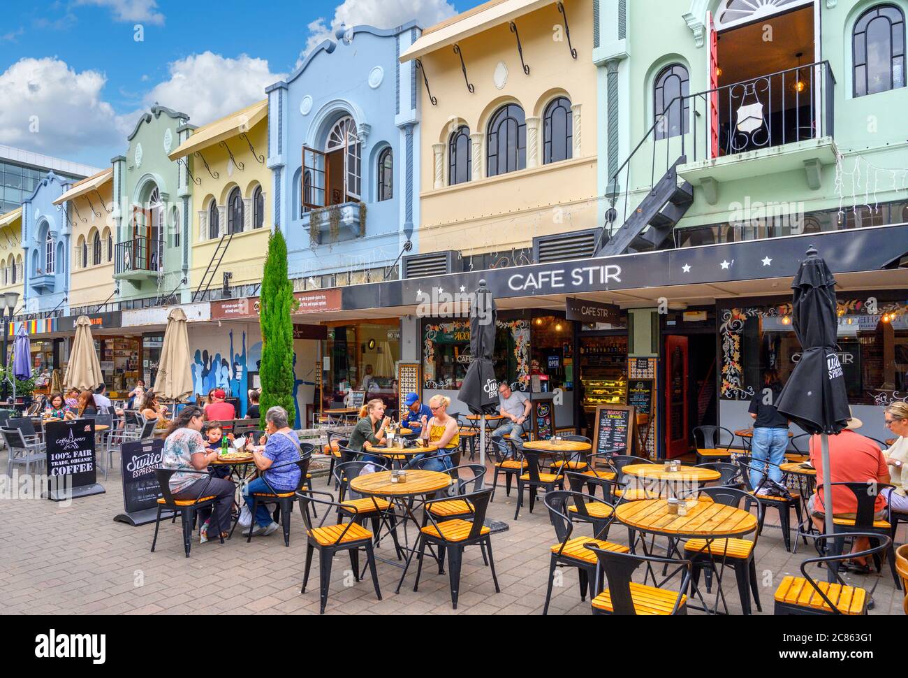 Cafes and bars on New Regent Street in the Central Business Distrcit, Christchurch, New Zealand Stock Photo