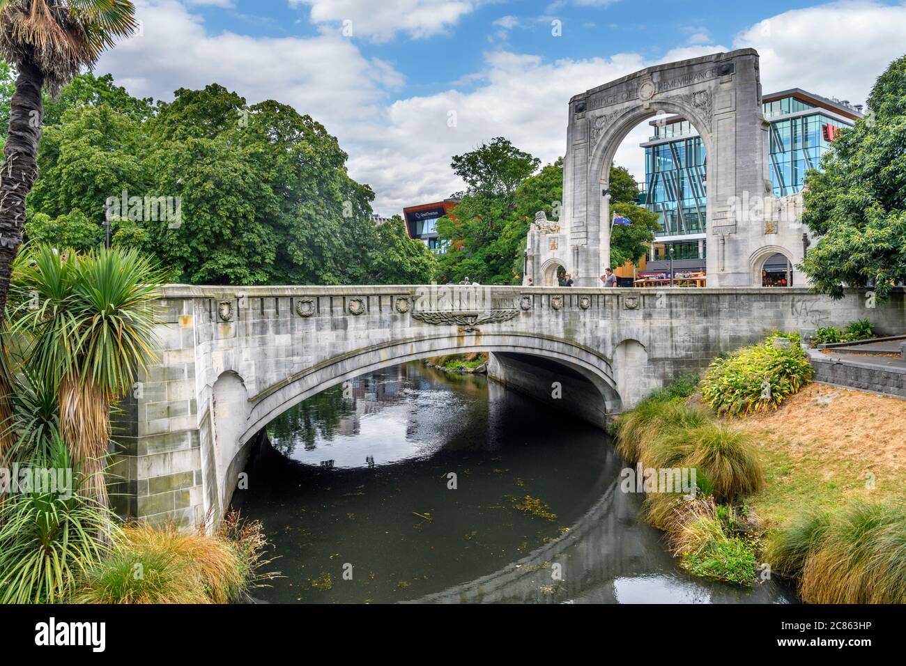 Bridge of Remembrance war memorial over the Avon River, Christchurch, New Zealand Stock Photo