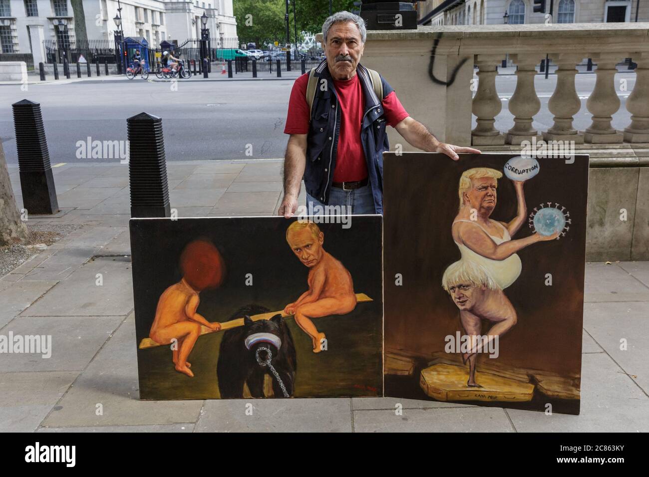 Westminster, London, UK. 21st July, 2020. Artist and political satirical painter Kaya Mar displays his take on today's release of the Russia Report and the US-British 'special relationship' in his paintings, outside Downing Street today. Credit: Imageplotter/Alamy Live News Stock Photo