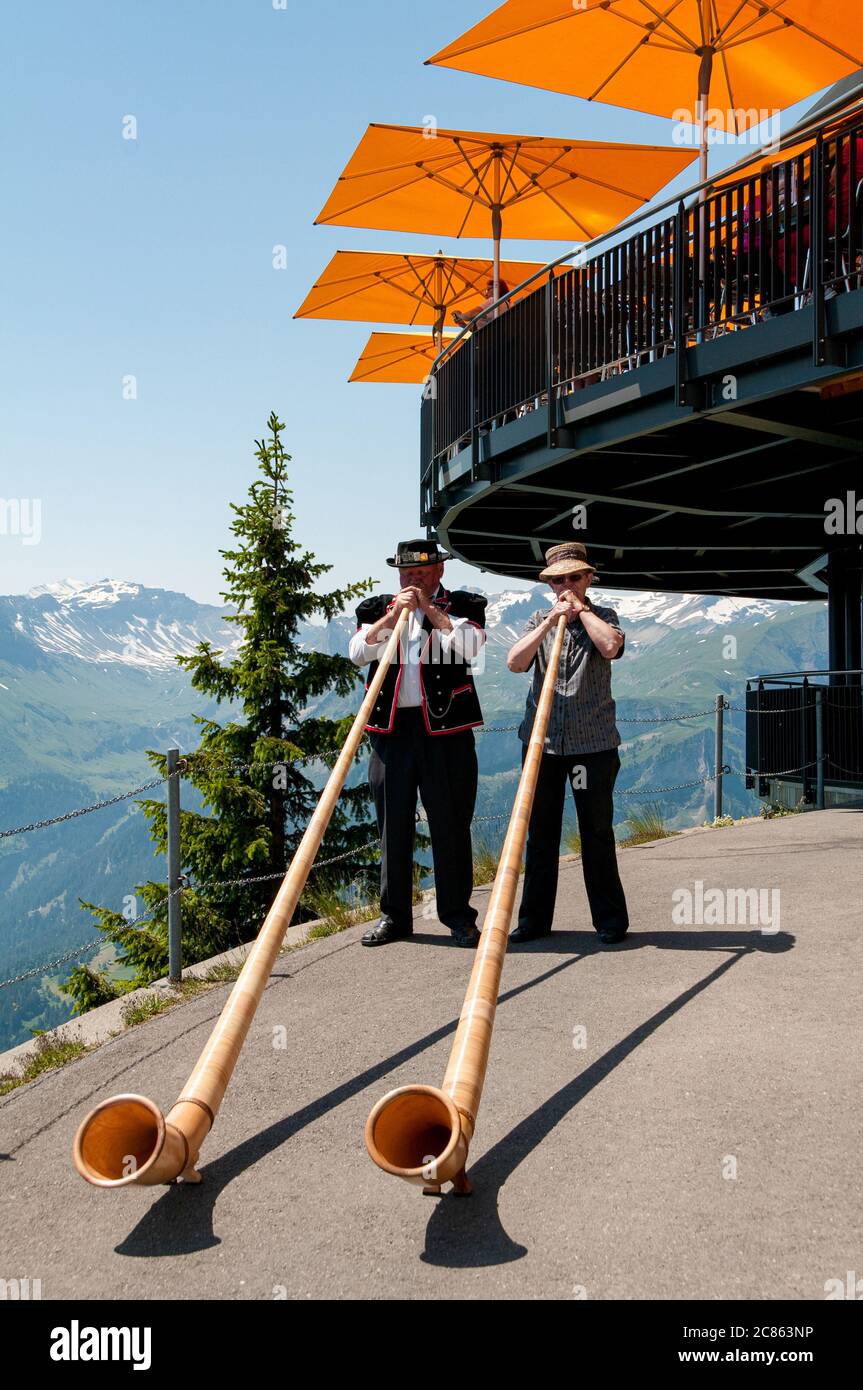 Swiss Alphorns at Schynige Platte, Bernese Oberland, Switzerland Stock Photo
