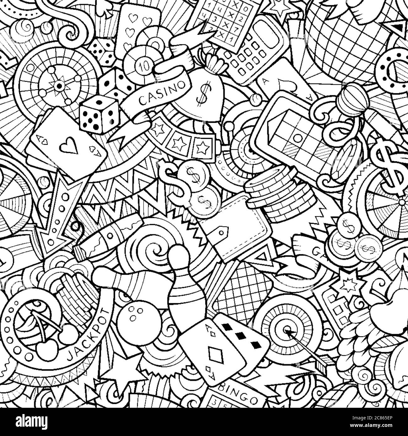 Cartoon cute doodles hand drawn Casino seamless pattern. Stock Vector