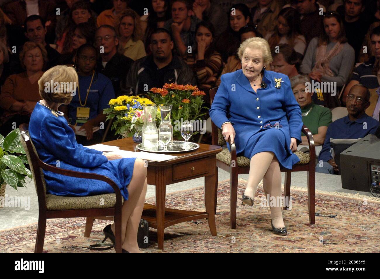 Austin, Texas USA, November 17, 2005: Former U.S. Secretary of State Madeline Albright (right) discusses what she says is the failed foreign policy of the Bush administration during a dialogue with Rosario Green, former secretary of state of Mexico, at St. Edward's University. Albright served eight years under President Clinton. ©Bob Daemmrich Stock Photo