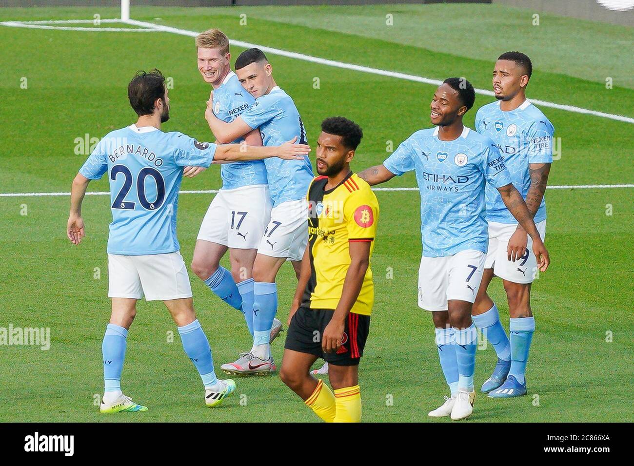 Watford Uk 21st July 2020 Phil Foden Of Man City 3rd Left Celebrates With Kevin De