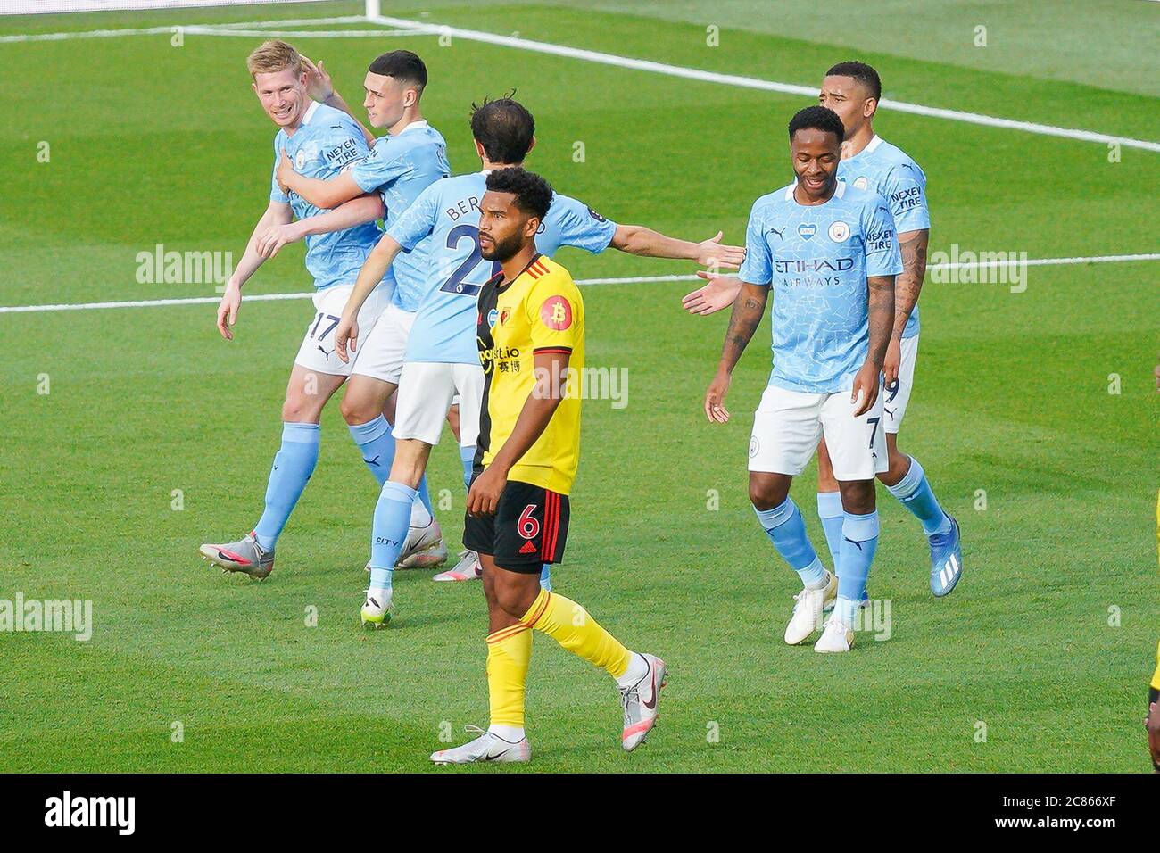 Watford Uk 21st July 2020 Phil Foden Of Man City 2nd Left Celebrates With Kevin De Bruyne Of Man City After He Scores His Team S Third Goal During The Premier League Match