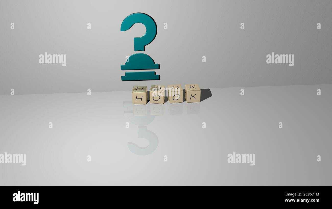 3D graphical image of hook vertically along with text built by metallic ...