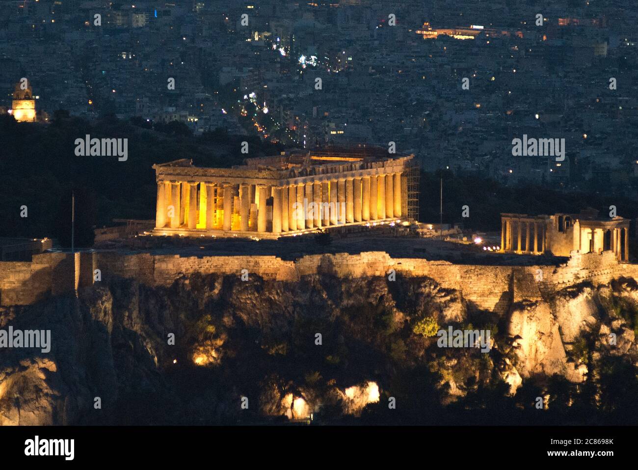 Sundown in Athens, view from Lycabettus Mountain with the Acropolis and the Parthenon at twilight. Greece Stock Photo