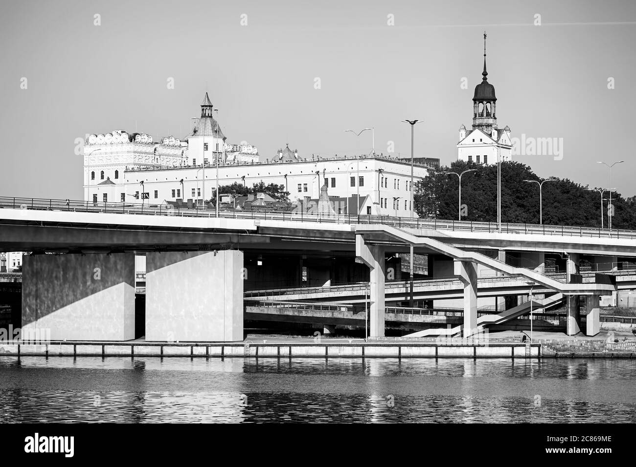 Black and white picture of Szczecin Odra River waterfront with the Pomeranian Dukes Castle, Poland. Stock Photo