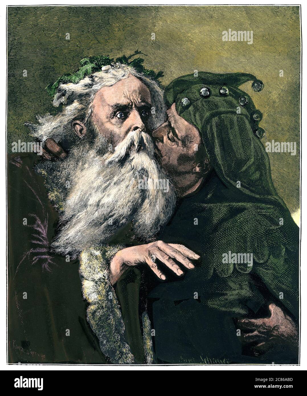 Shakespearean scene of King Lear and the Fool.Hand-colored woodcut Stock Photo