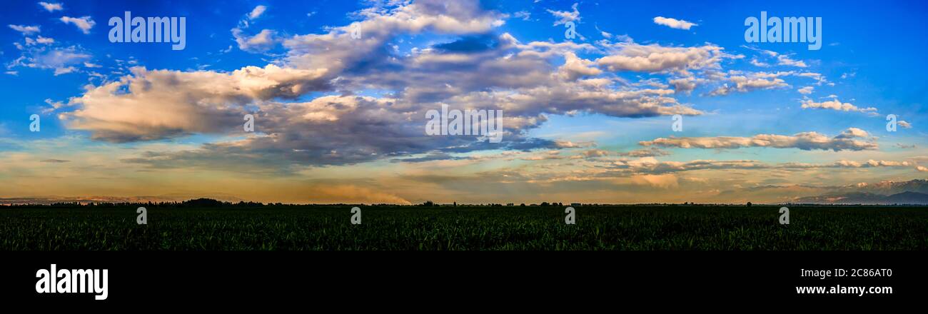 Bright sunlight shining through the clouds against the backdrop of a breathtaking evening sky at sunset. panorama, natural composition Stock Photo