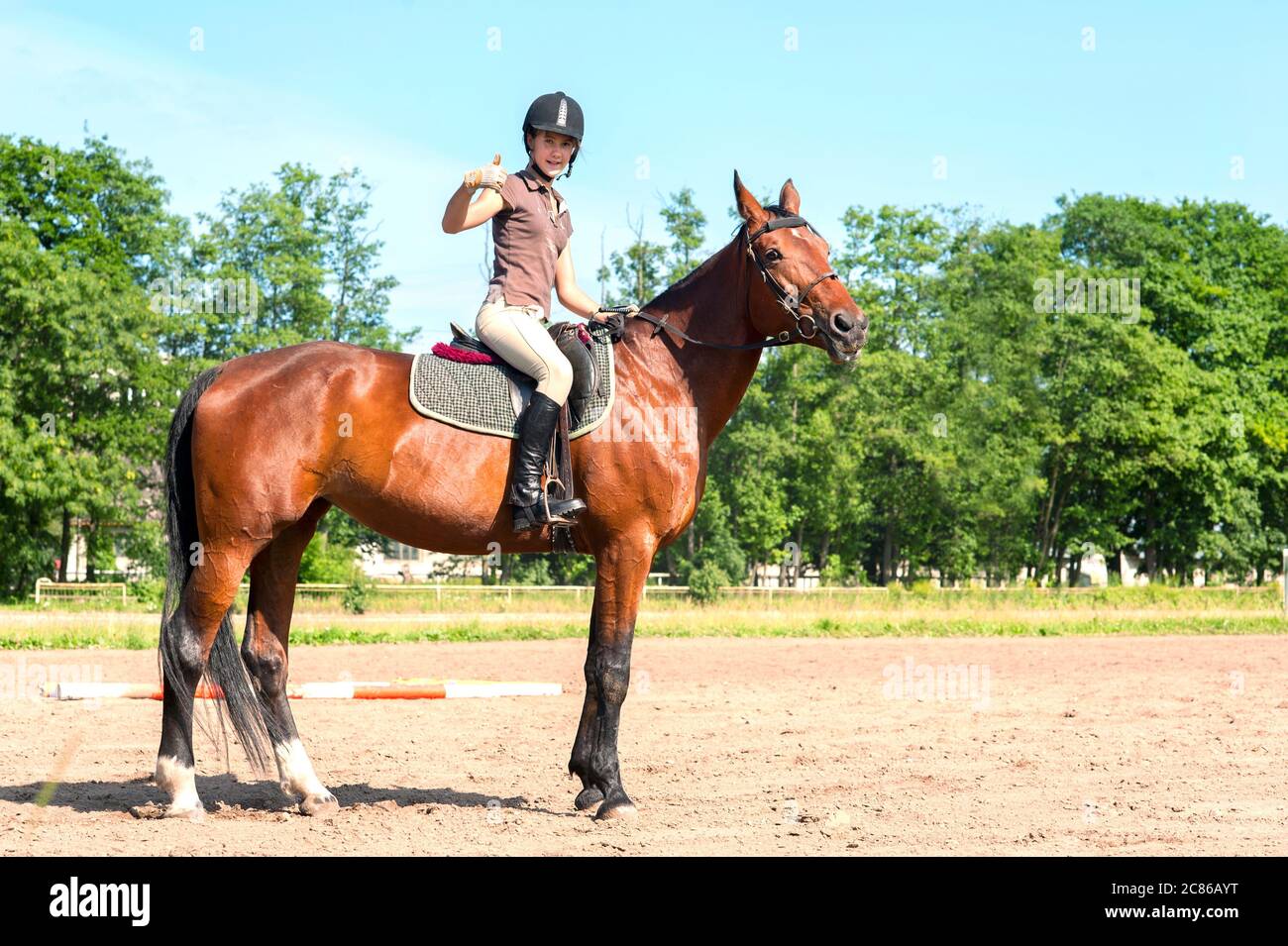 Teenage girl equestrian riding thoroughbred horseback and showing ok