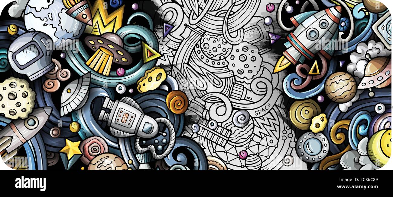 Space hand drawn doodle banner. Cartoon detailed illustrations Stock ...