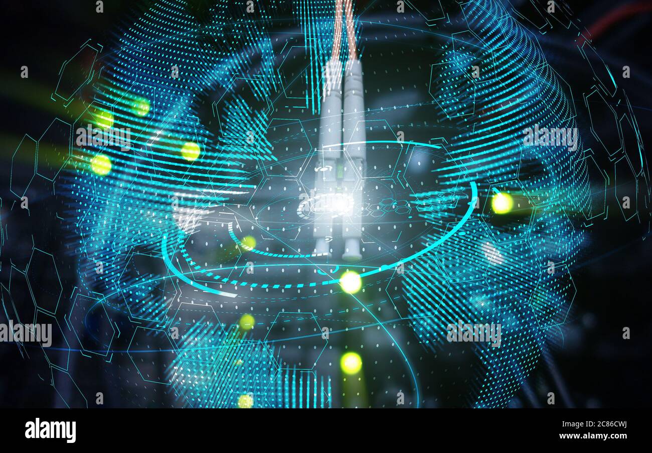 Planet Earth globe global communication technology concept server room background. Stock Photo