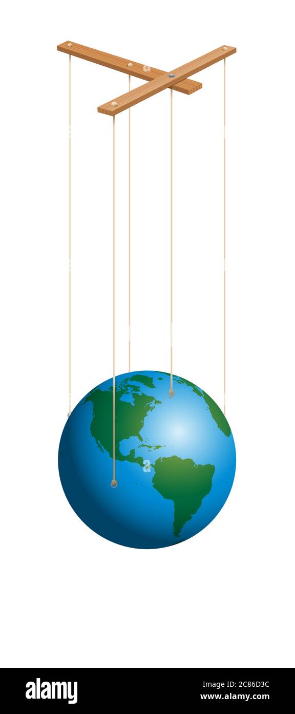 Earth marionette. String puppet with control bar. Symbol for global player, business, authority, domination or world power. Stock Photo