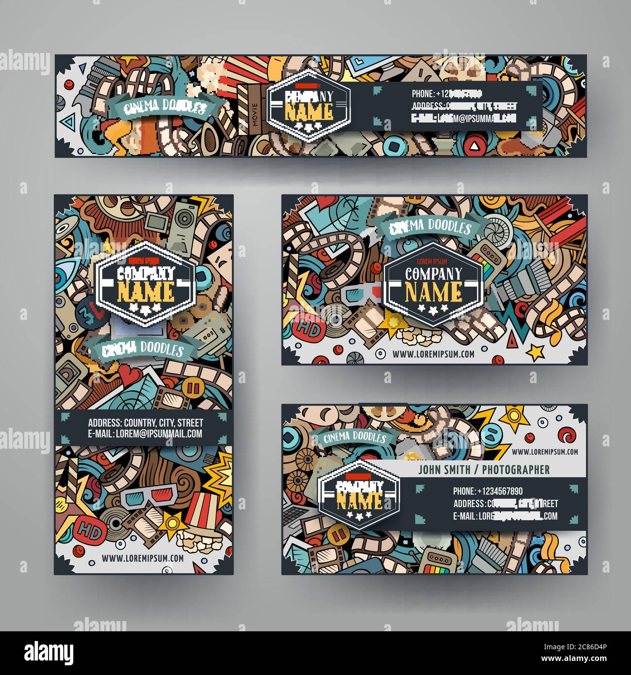 Corporate Identity vector templates set with doodles Cinema theme Stock ...