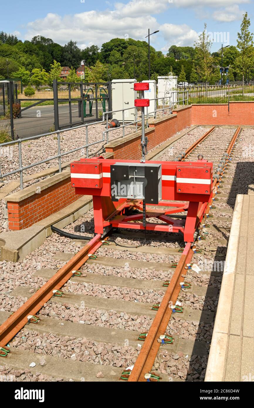 Ebbw Vale, Wales - July 2020: Buffer on the track at Ebbw Vale town railway station. The line from Cardiff terminates at the station. Stock Photo