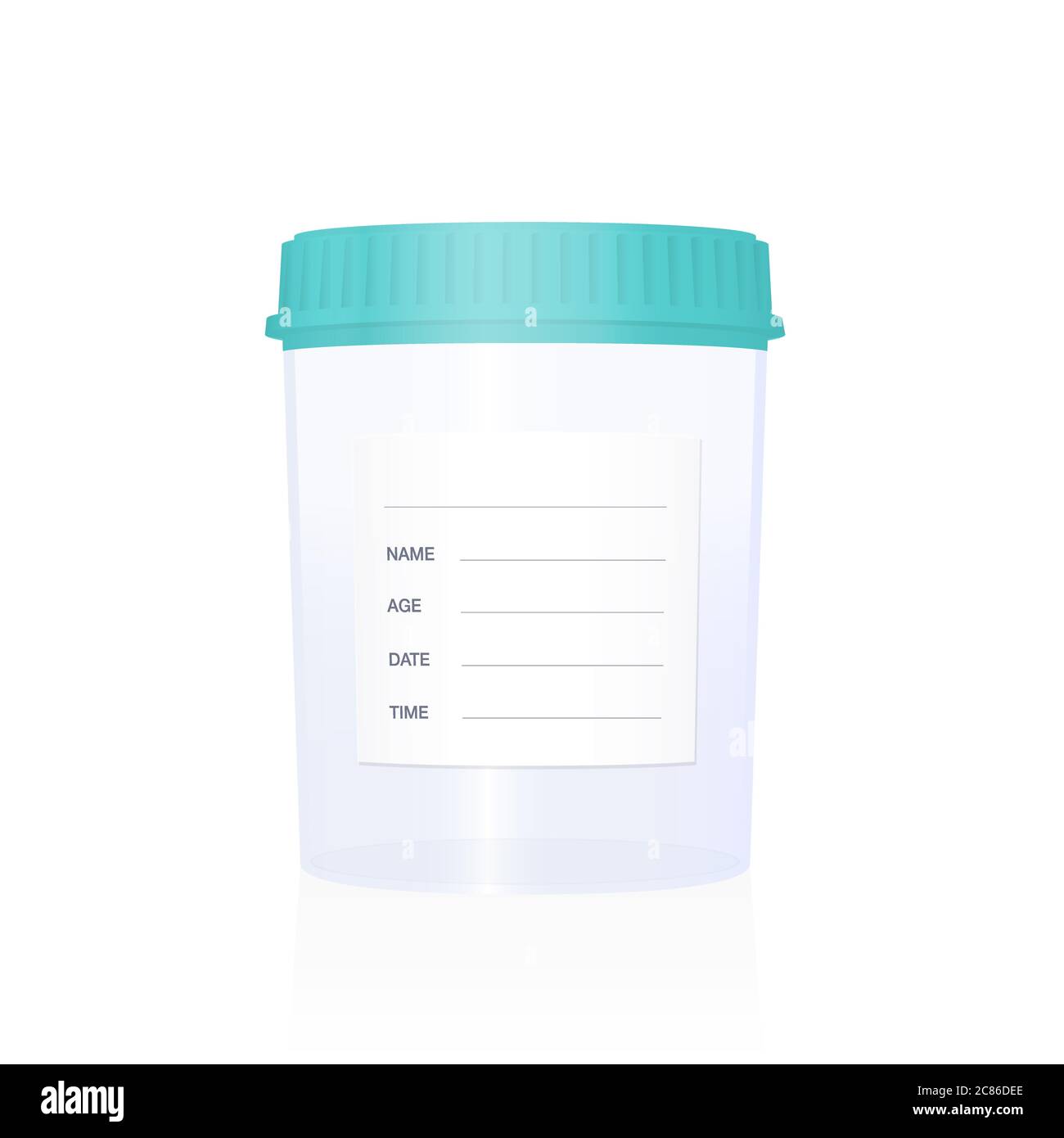 Specimen cup, empty with blank sticker to be labeled, medical laboratory item for examinations