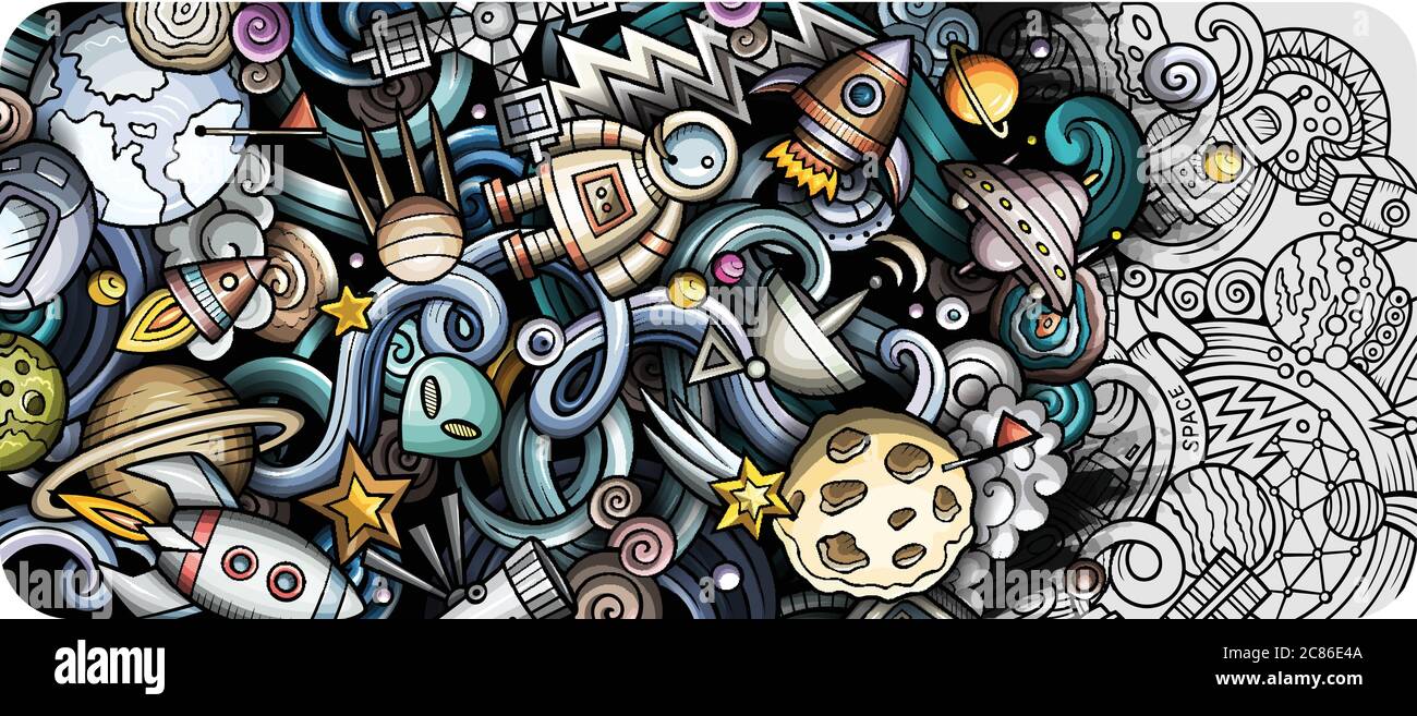 Space hand drawn doodle banner. Cartoon detailed illustrations Stock ...