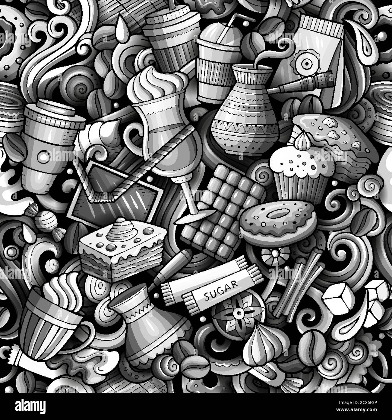 Cartoon cute doodles hand drawn Coffee Shop seamless pattern Stock ...