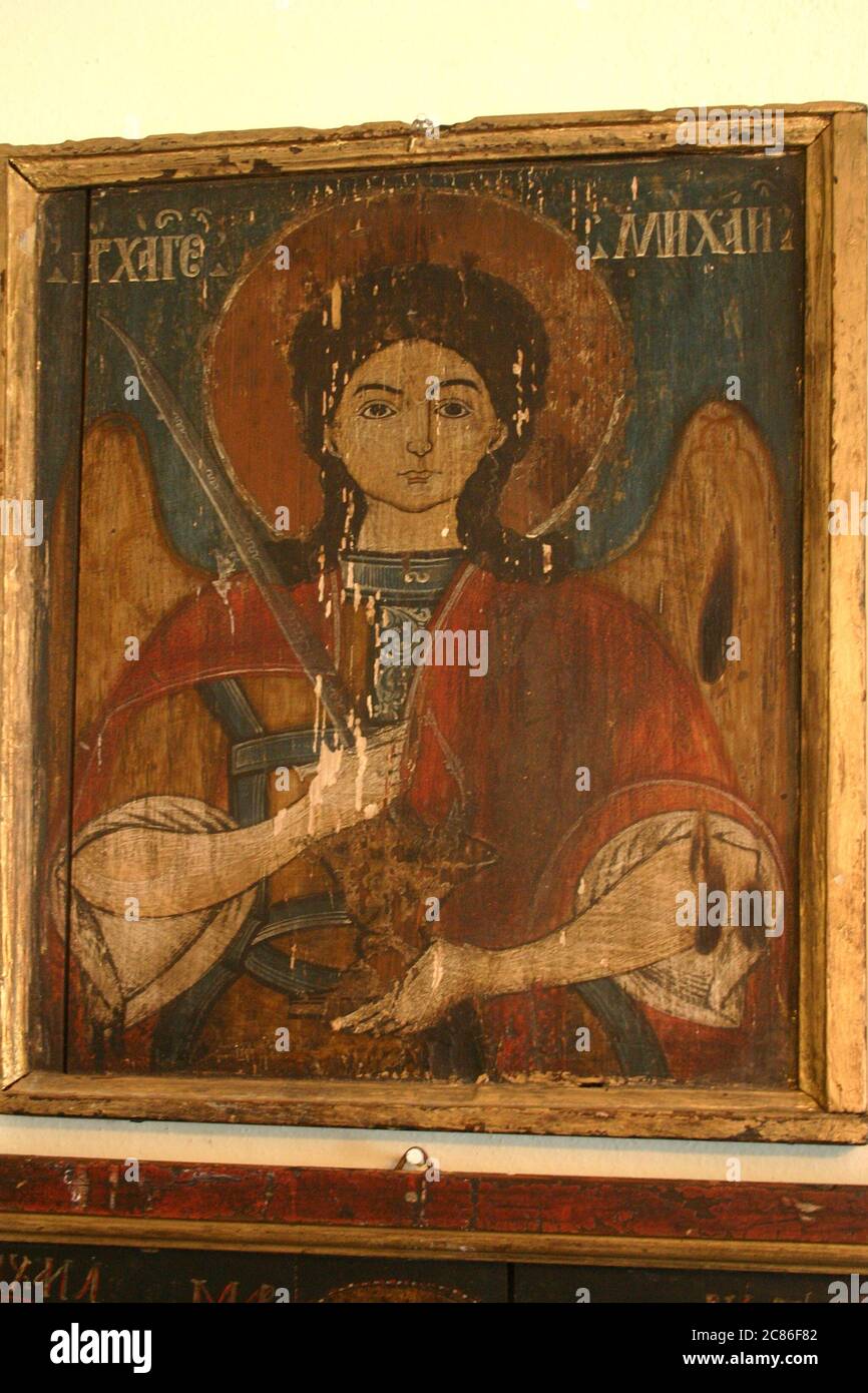 Old Byzantine wooden icon portraying the Archangel Michael Stock Photo