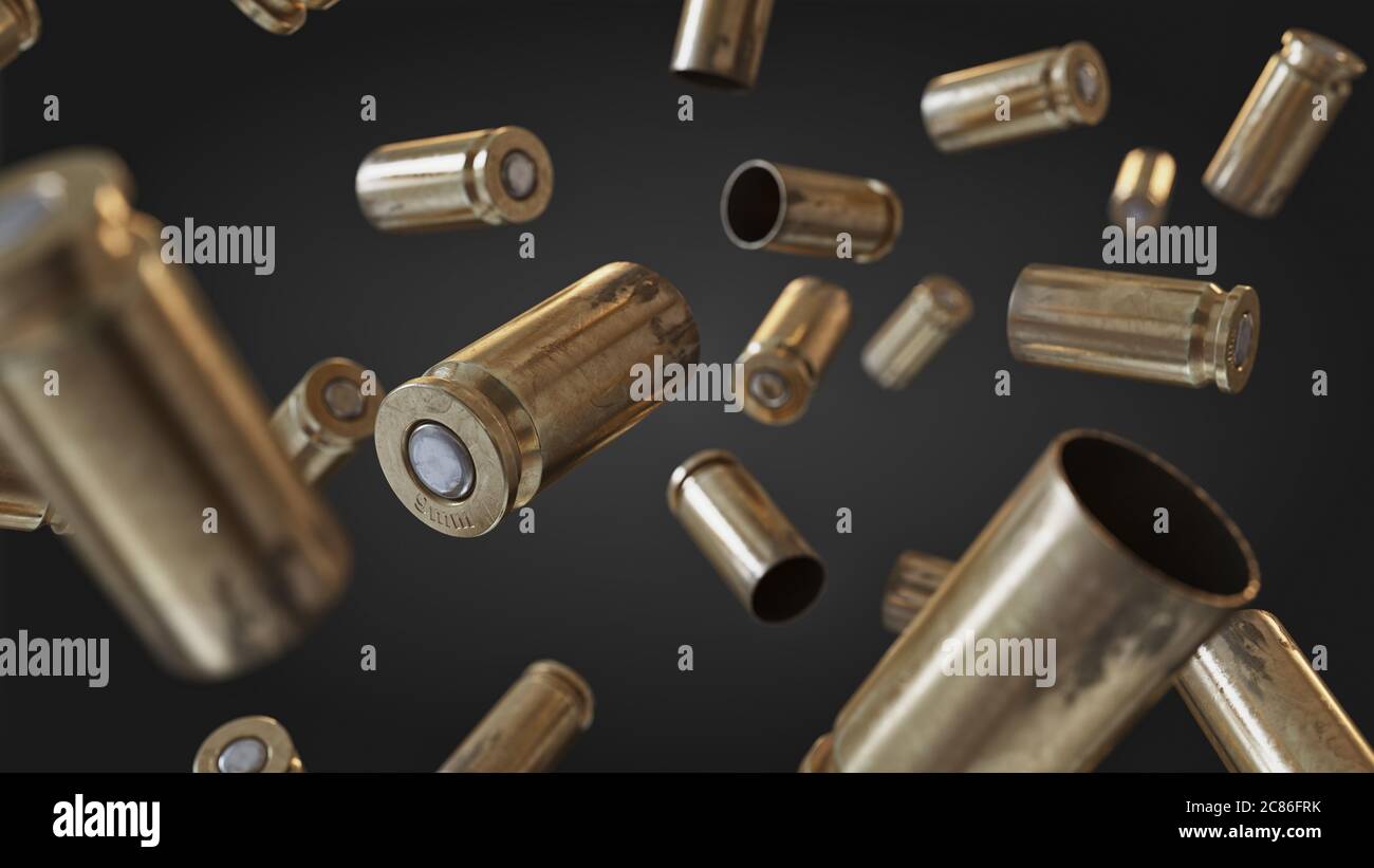Flying bullet shells on a black studio background. Photorealistic 3D