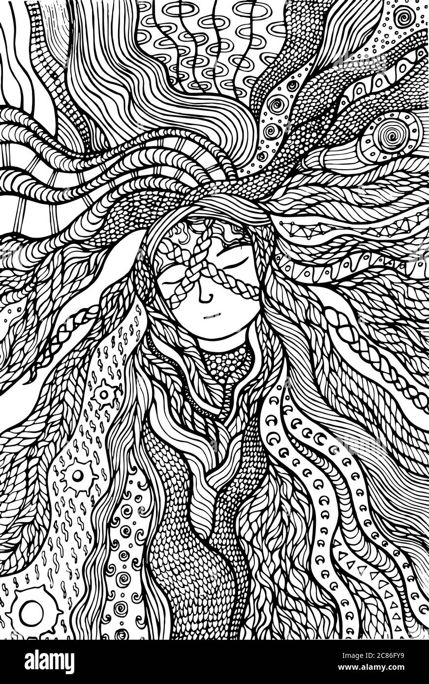 Fantasy girl hair coloring page. Hand drawn doodle zentangle ...